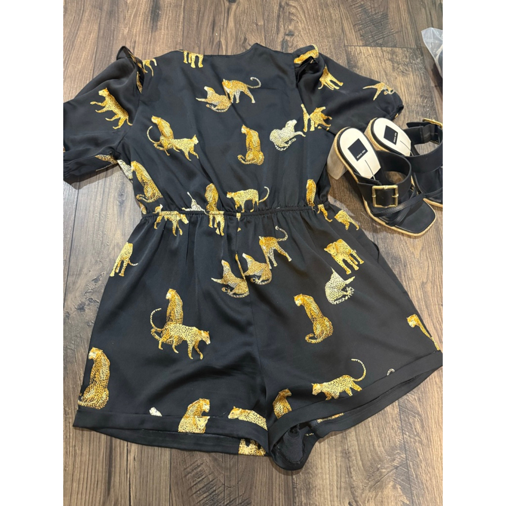 Jodifl Cheetah Black Satin Romper Medium - Picture 2 of 5